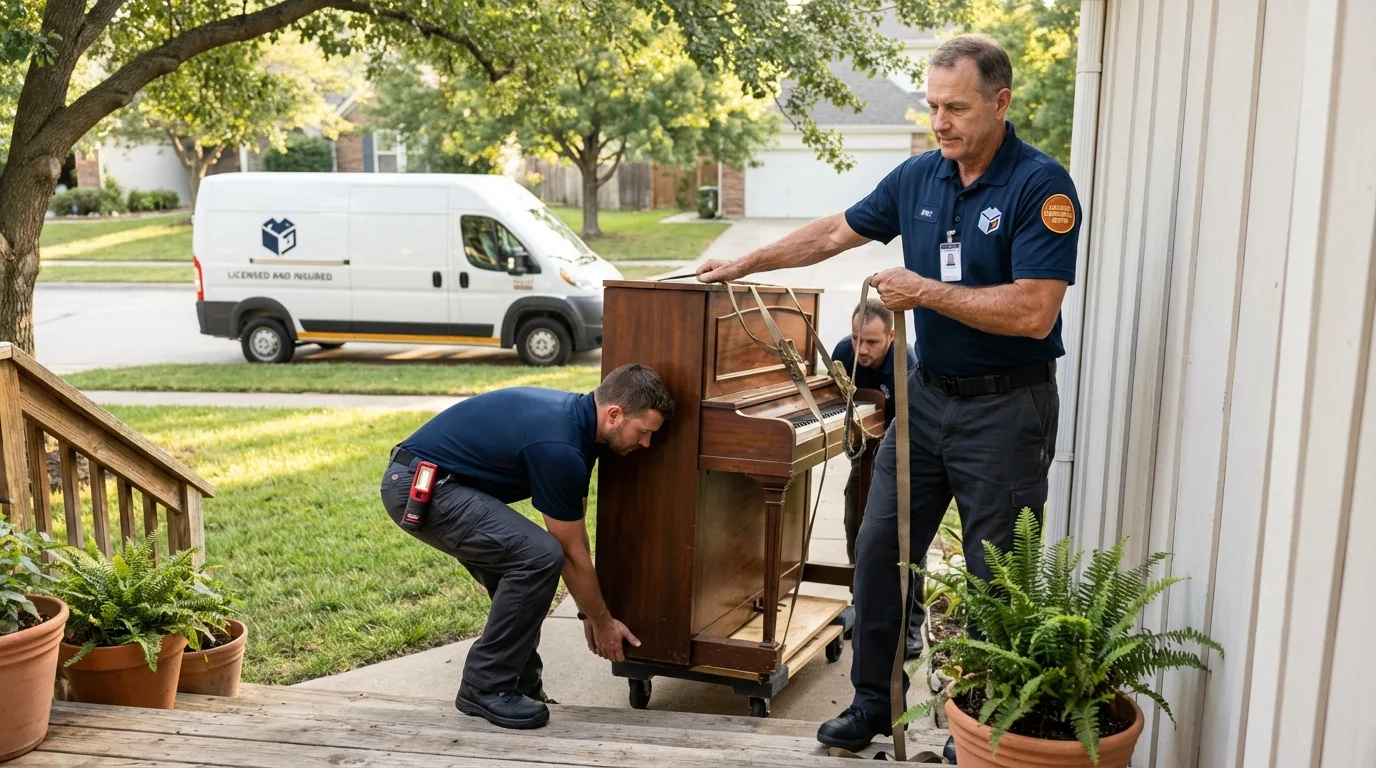 Licensed piano movers securing grand piano in Noblesville, IN