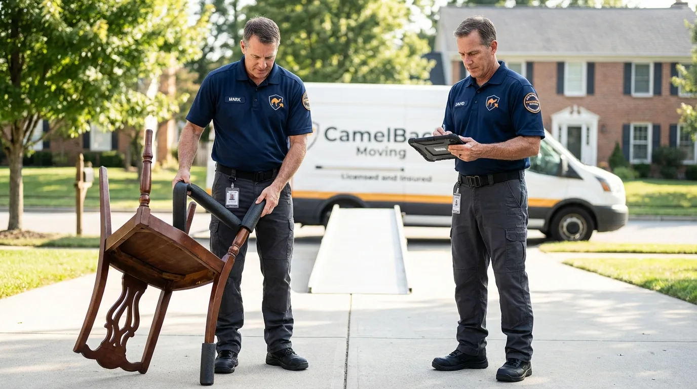 Movers inspecting furniture for damage prevention before loading in Noblesville, IN