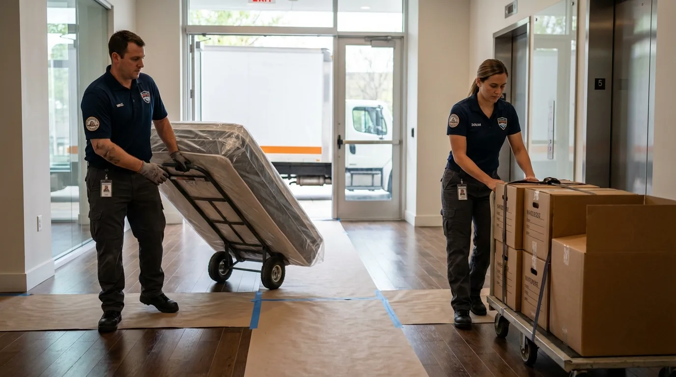 Professional apartment movers loading elevator in Noblesville, IN