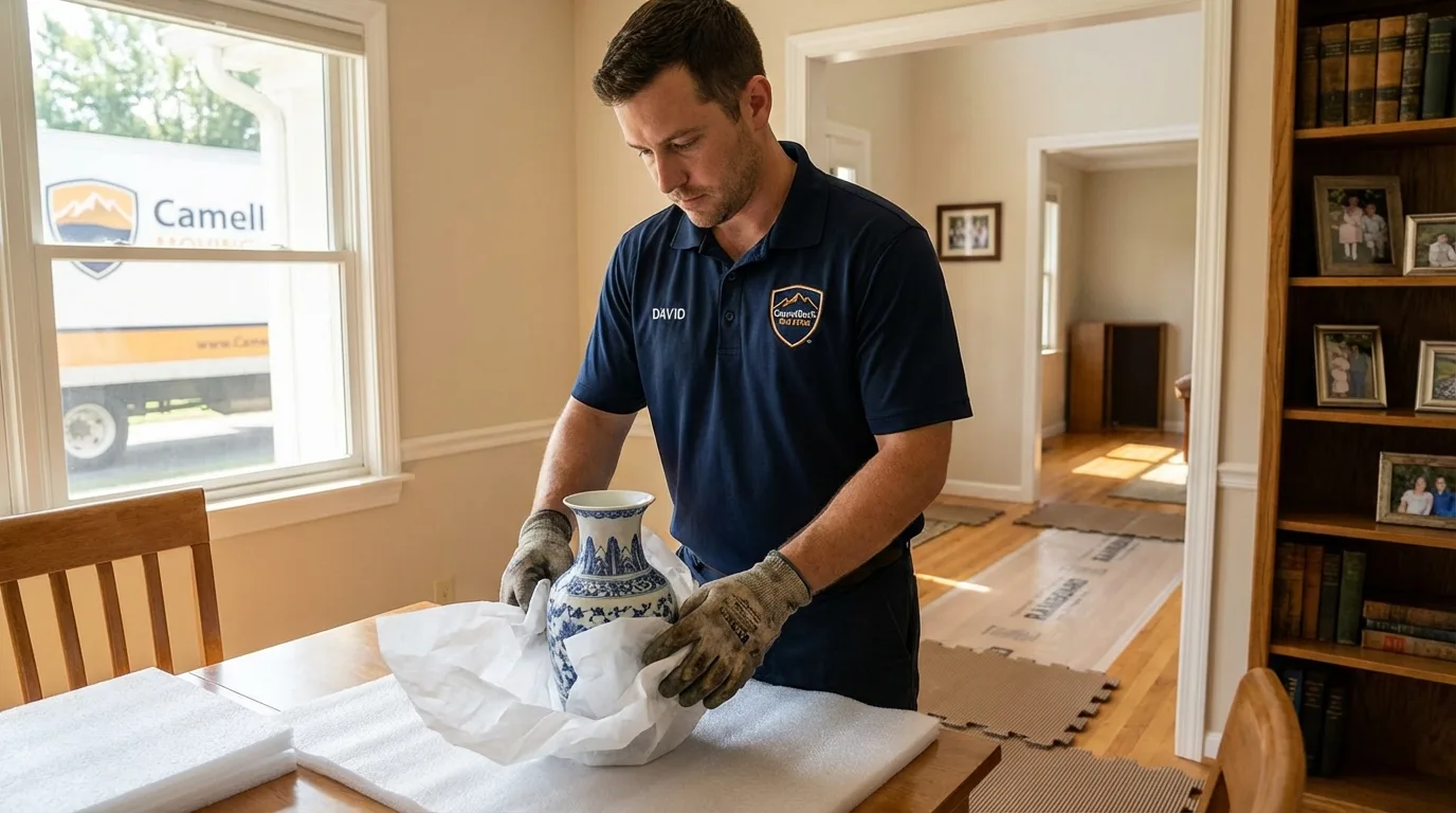 Professional crew carefully wrapping antique vase for senior downsizing move in Noblesville, IN